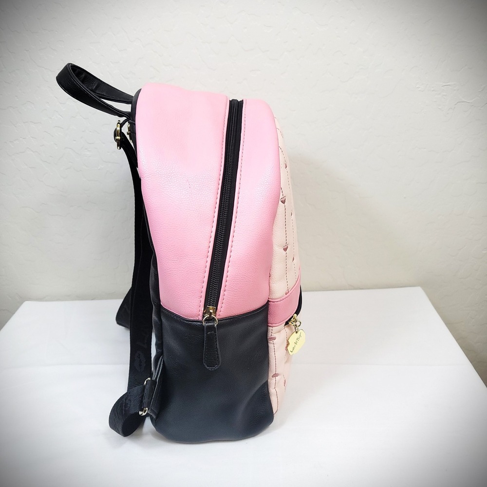 Luv Betsey Backpack Women Pink Black Heart Quilted Faux Leather Gold Tone - Picture 6 of 8